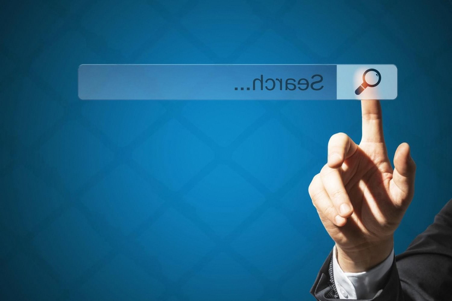 Hand pointing at a search bar on a blue screen, symbolising the search for the right UAE domain registrar